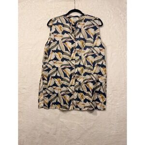Bogari Womens 100% Silk Sleeveless Button Up Blouse Blue Hat Print Size Medium